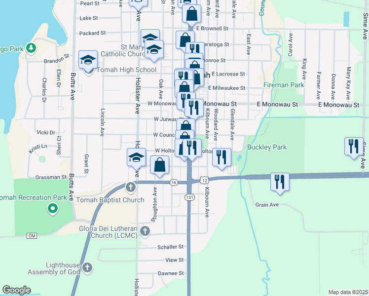 map of restaurants, bars, coffee shops, grocery stores, and more near 411 East Holton Street in Tomah