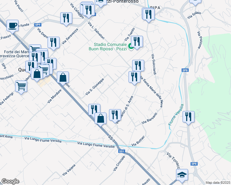 map of restaurants, bars, coffee shops, grocery stores, and more near 190/A Via Sceltino in Seravezza