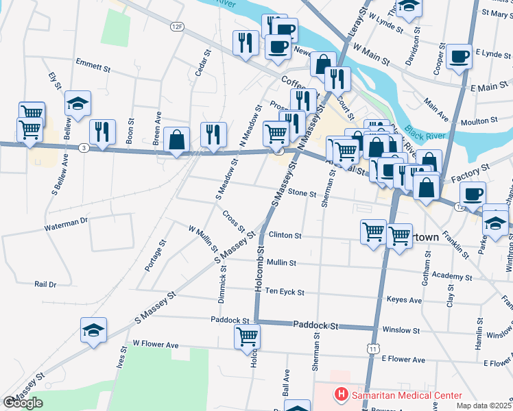 map of restaurants, bars, coffee shops, grocery stores, and more near 224 S Massey St in Watertown
