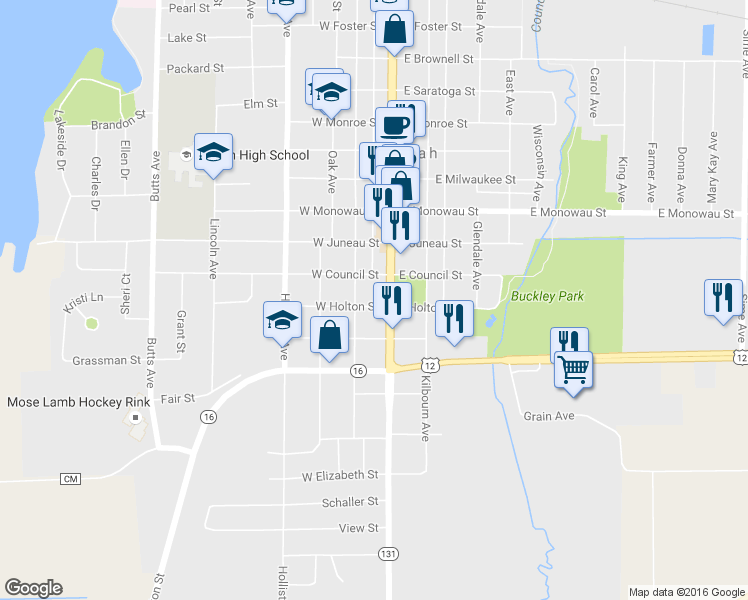 map of restaurants, bars, coffee shops, grocery stores, and more near 411 East Holton Street in Tomah