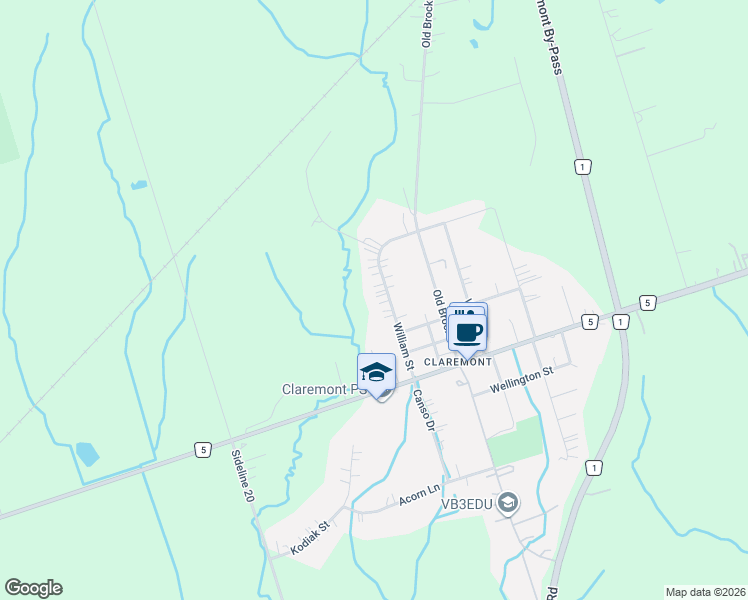 map of restaurants, bars, coffee shops, grocery stores, and more near 5048 William Street in Pickering