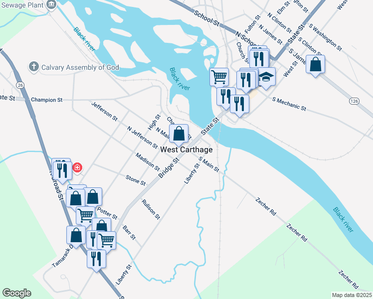 map of restaurants, bars, coffee shops, grocery stores, and more near in West Carthage