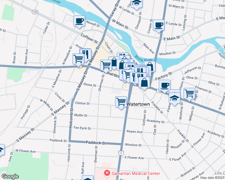 map of restaurants, bars, coffee shops, grocery stores, and more near 161 Stone Street in Watertown