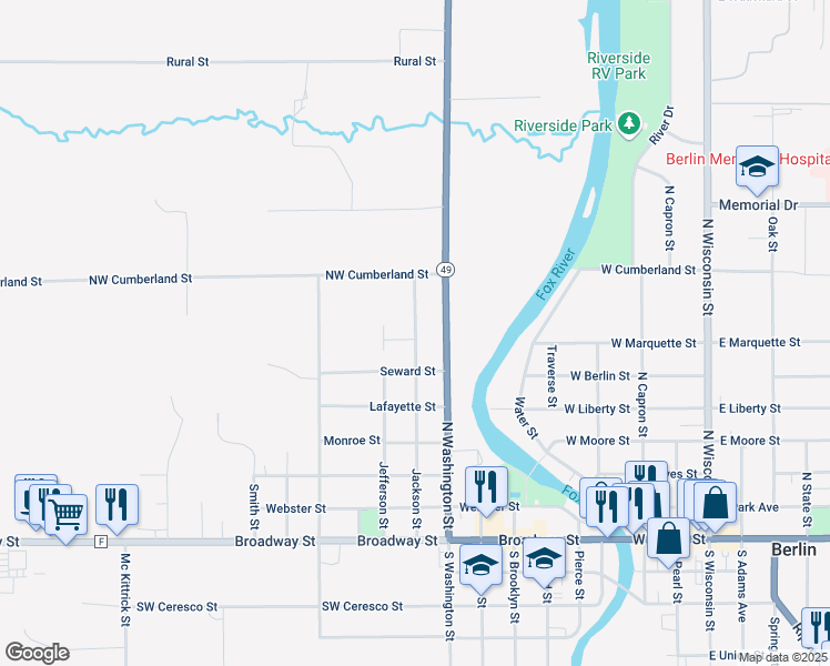 map of restaurants, bars, coffee shops, grocery stores, and more near 285 Jackson Street in Berlin