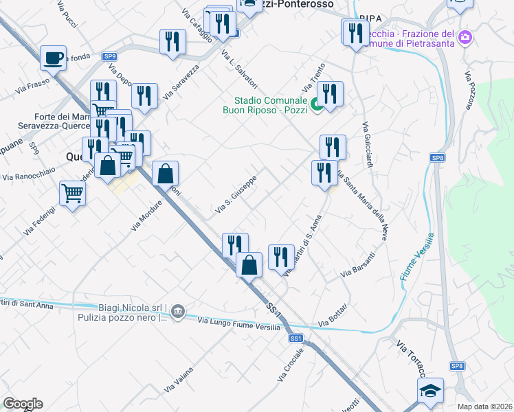 map of restaurants, bars, coffee shops, grocery stores, and more near 302 Via Madonnina dei Pagliai in Ripa- Pozzi-Ponterosso