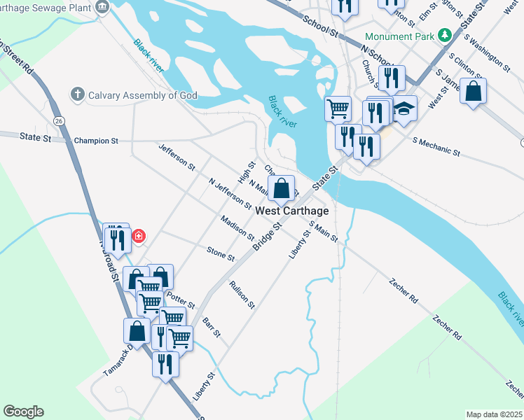 map of restaurants, bars, coffee shops, grocery stores, and more near 4 North Jefferson Street in Carthage