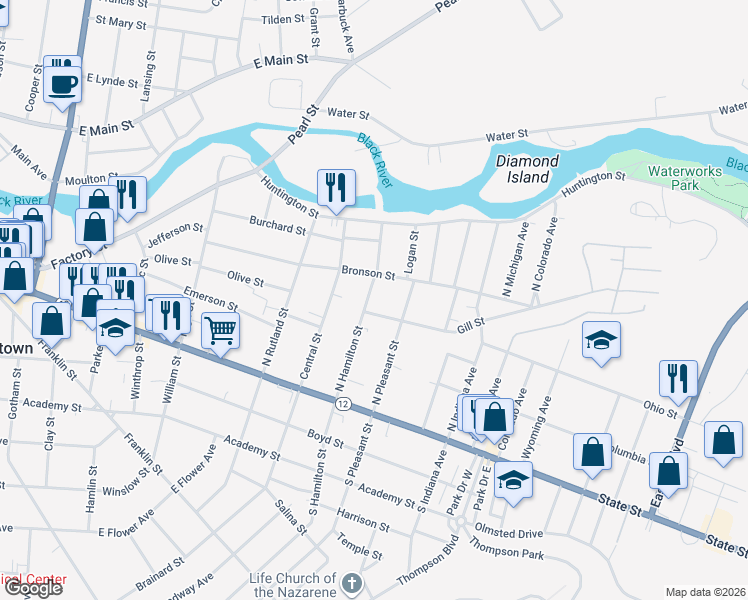 map of restaurants, bars, coffee shops, grocery stores, and more near 231 North Hamilton Street in Watertown
