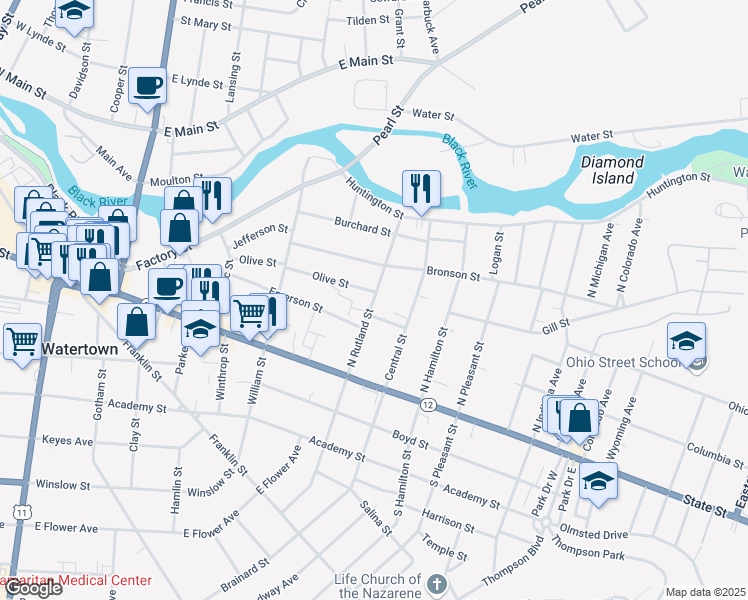 map of restaurants, bars, coffee shops, grocery stores, and more near 212 Rutland Street North in Watertown