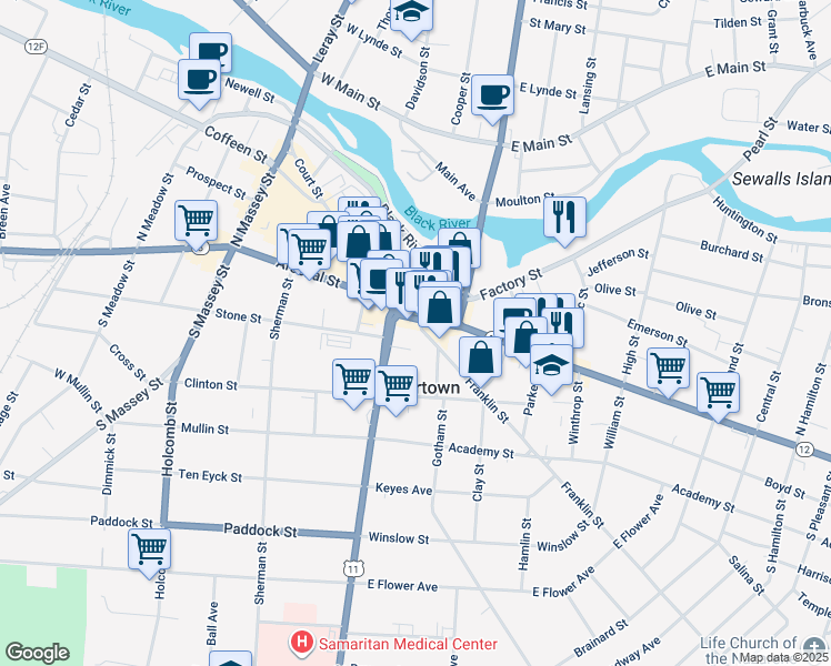 map of restaurants, bars, coffee shops, grocery stores, and more near 121 Washington Street in Watertown