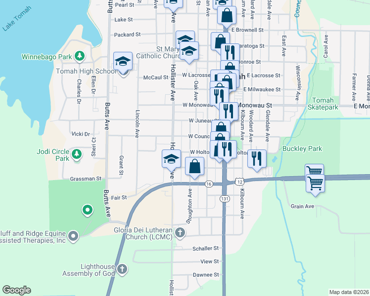 map of restaurants, bars, coffee shops, grocery stores, and more near 315 West Holton Street in Tomah