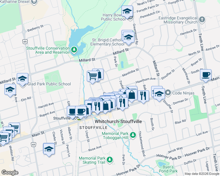 map of restaurants, bars, coffee shops, grocery stores, and more near 84 Park Drive in Whitchurch-Stouffville