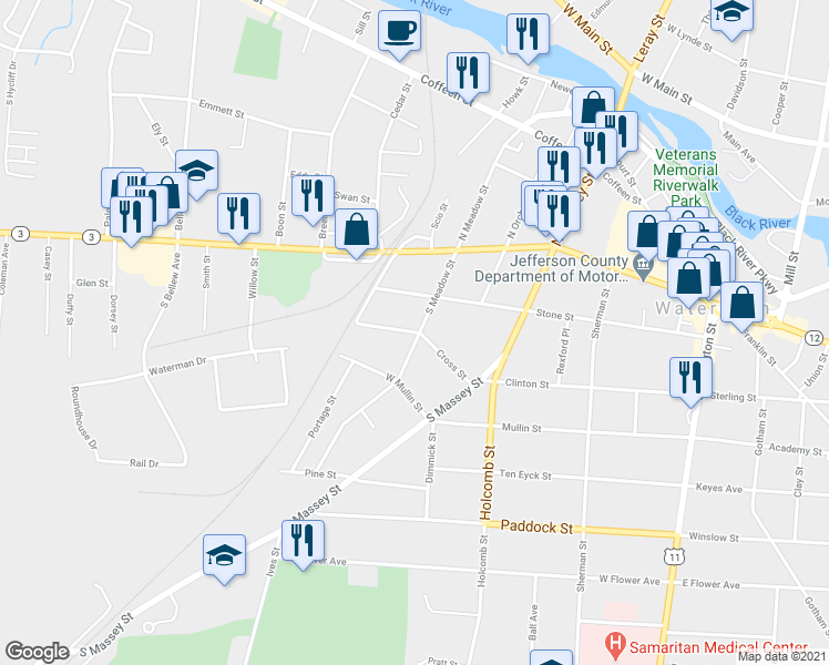 map of restaurants, bars, coffee shops, grocery stores, and more near 507 Cross Street in Watertown