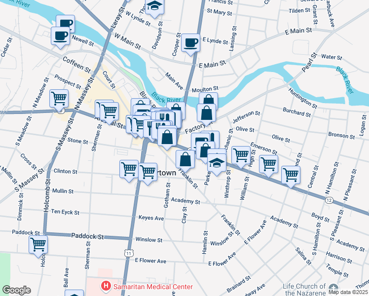 map of restaurants, bars, coffee shops, grocery stores, and more near 229 State Street in Watertown