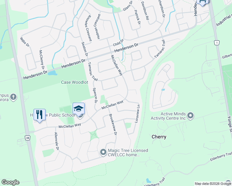 map of restaurants, bars, coffee shops, grocery stores, and more near 30 Briardale Place in Aurora