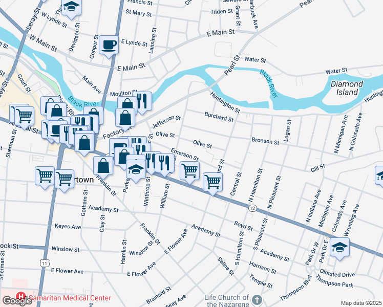 map of restaurants, bars, coffee shops, grocery stores, and more near 629 Emerson Street in Watertown