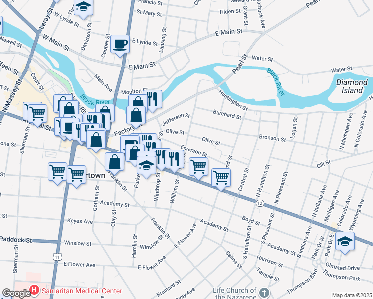 map of restaurants, bars, coffee shops, grocery stores, and more near 168 High Street in Watertown