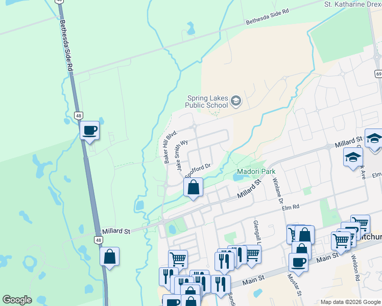 map of restaurants, bars, coffee shops, grocery stores, and more near 24 Brownsberger Road in Whitchurch-Stouffville