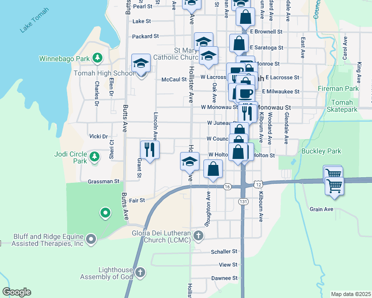 map of restaurants, bars, coffee shops, grocery stores, and more near 1117 Hollister Avenue in Tomah