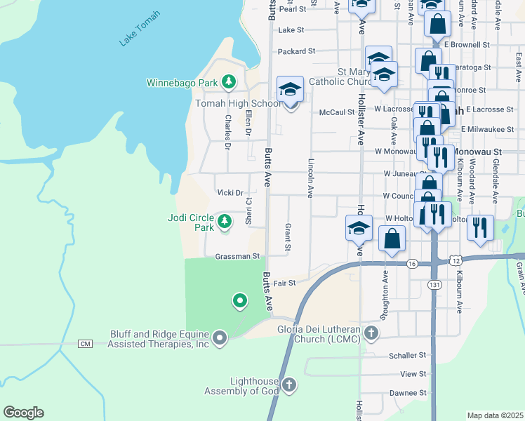 map of restaurants, bars, coffee shops, grocery stores, and more near 1402 Sheri Court in Tomah