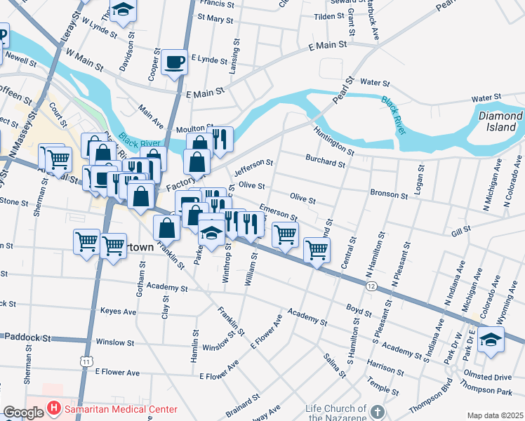 map of restaurants, bars, coffee shops, grocery stores, and more near 167 High Street in Watertown