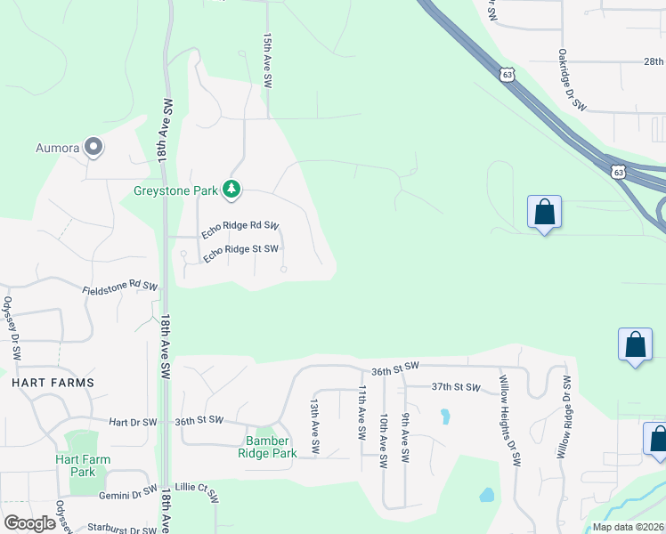 map of restaurants, bars, coffee shops, grocery stores, and more near 1105 Greystone Lane Southwest in Rochester