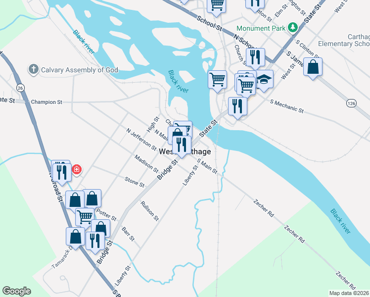 map of restaurants, bars, coffee shops, grocery stores, and more near in West Carthage
