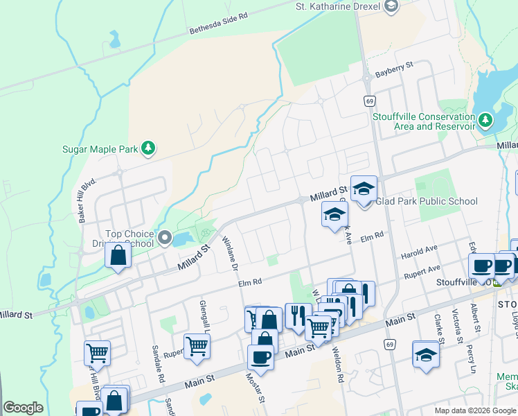 map of restaurants, bars, coffee shops, grocery stores, and more near 2 John Davis Gate in Whitchurch-Stouffville