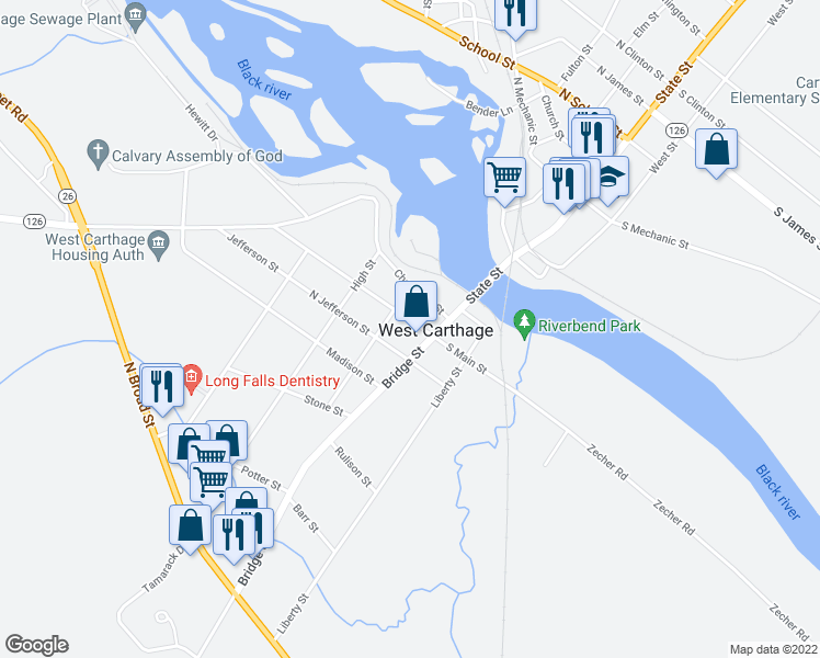 map of restaurants, bars, coffee shops, grocery stores, and more near 5 North Main Street in Carthage