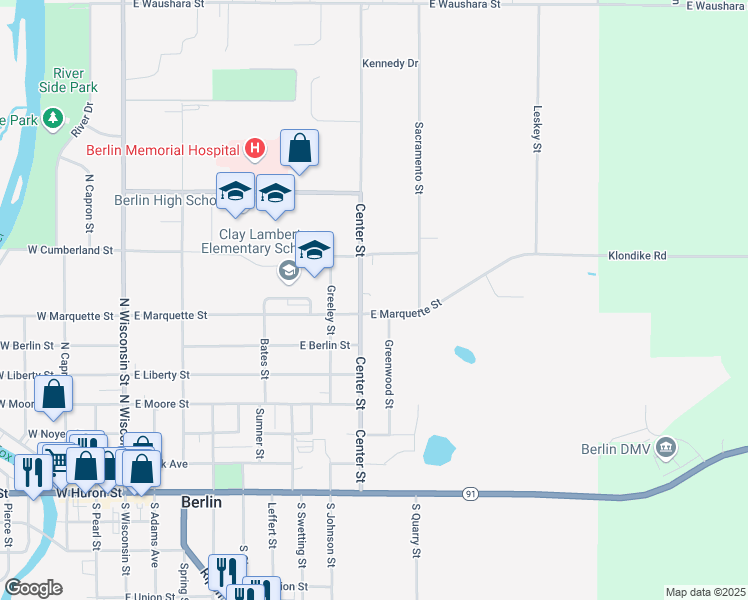 map of restaurants, bars, coffee shops, grocery stores, and more near 343 East Marquette Street in Berlin
