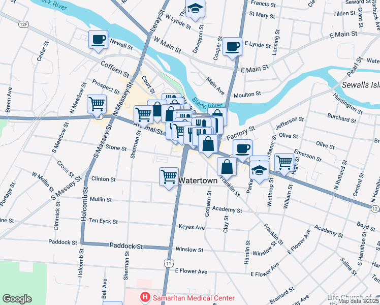 map of restaurants, bars, coffee shops, grocery stores, and more near 105 Washington Street in Watertown