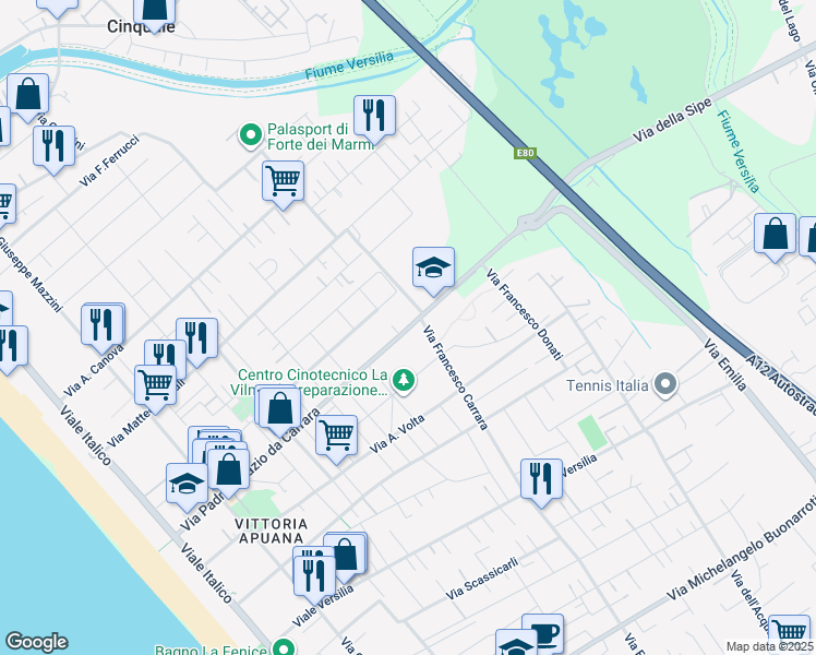 map of restaurants, bars, coffee shops, grocery stores, and more near 56 Via Ignazio da Carrara Padre in Forte dei Marmi