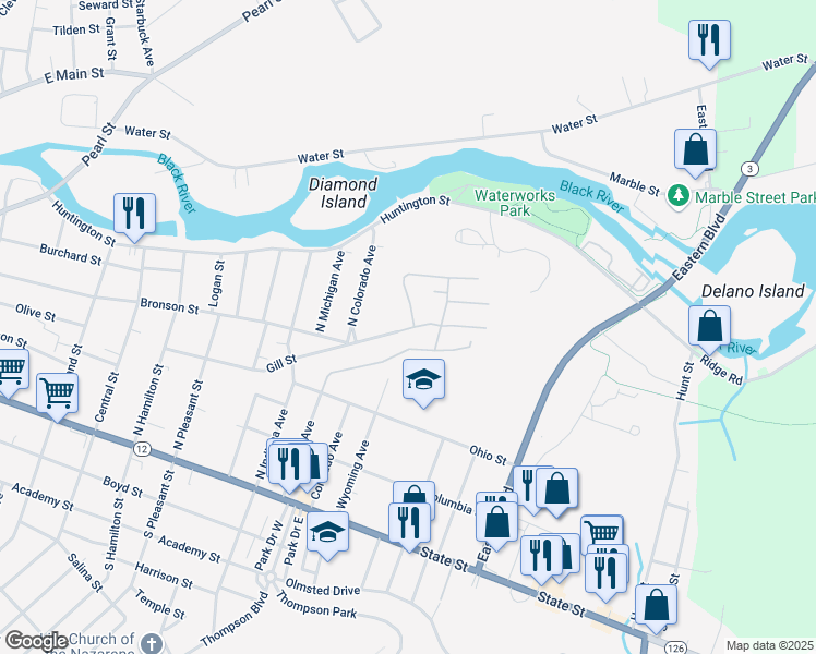 map of restaurants, bars, coffee shops, grocery stores, and more near 1429 Gill Street in Watertown