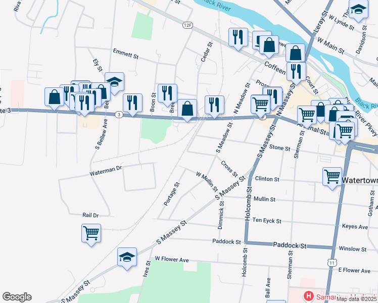 map of restaurants, bars, coffee shops, grocery stores, and more near Cross Street & Exchange Street in Watertown
