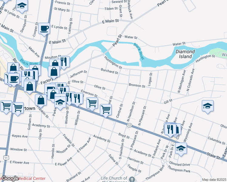 map of restaurants, bars, coffee shops, grocery stores, and more near 218 North Rutland Street in Watertown