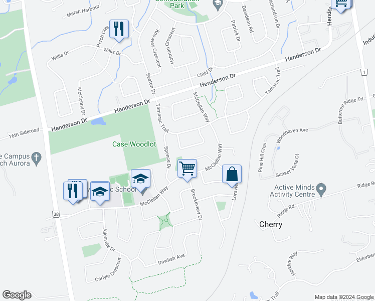 map of restaurants, bars, coffee shops, grocery stores, and more near 33 Beatty Crescent in Aurora