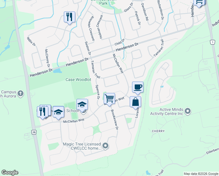 map of restaurants, bars, coffee shops, grocery stores, and more near 33 Beatty Crescent in Aurora