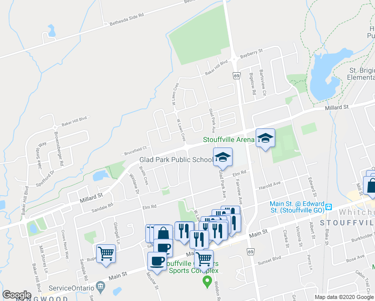 map of restaurants, bars, coffee shops, grocery stores, and more near 298 West Lawn Crescent in Whitchurch-Stouffville