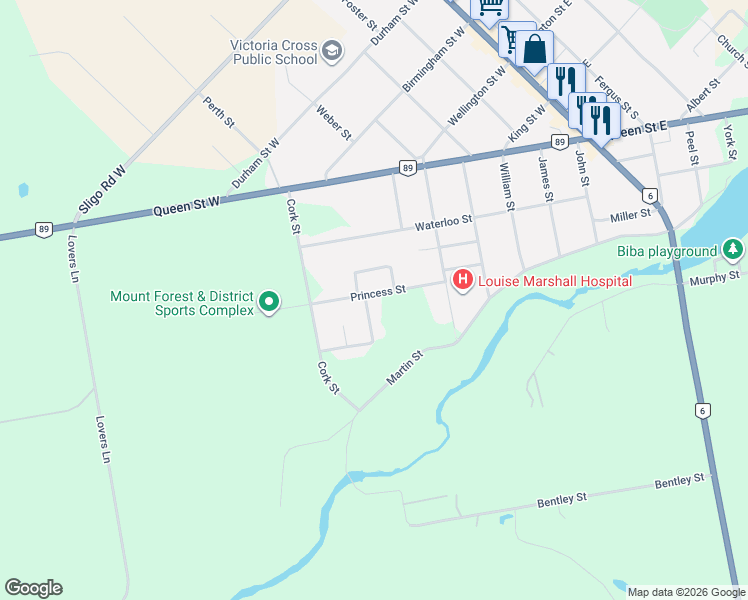 map of restaurants, bars, coffee shops, grocery stores, and more near 178 Melissa Crescent in Mount Forest