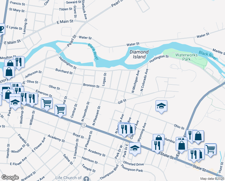 map of restaurants, bars, coffee shops, grocery stores, and more near 1118 Bronson Street in Watertown