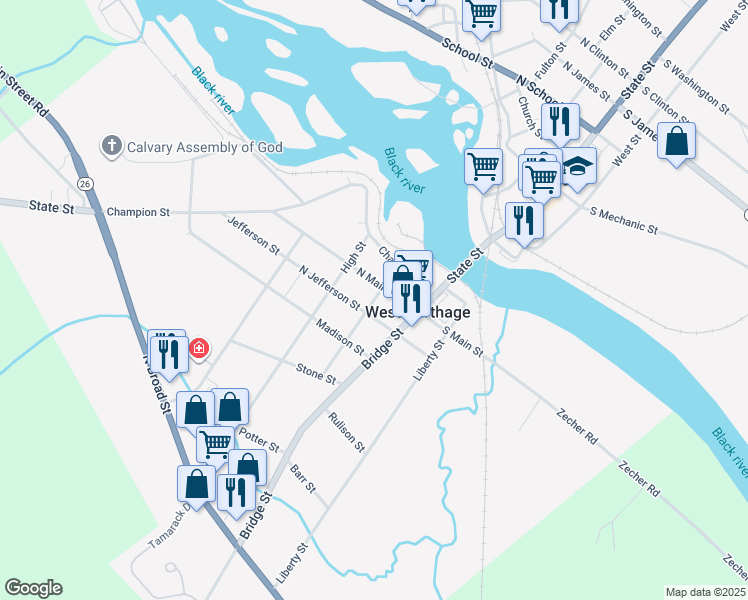 map of restaurants, bars, coffee shops, grocery stores, and more near 4 North Jefferson Street in Carthage