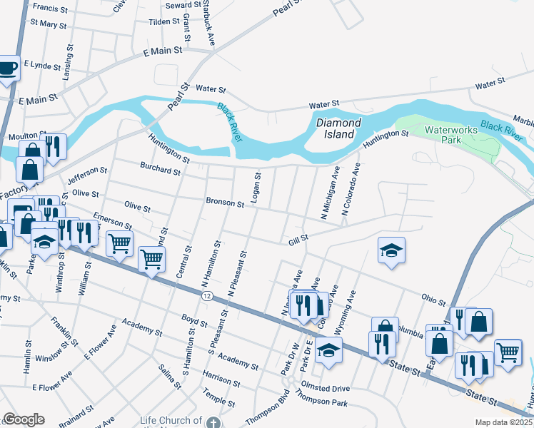 map of restaurants, bars, coffee shops, grocery stores, and more near 1118 Bronson Street in Watertown