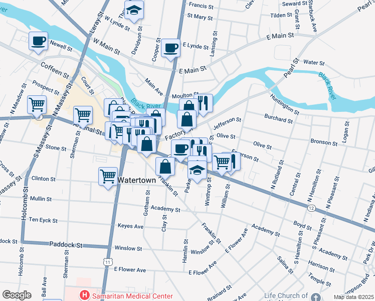 map of restaurants, bars, coffee shops, grocery stores, and more near 291 State Street in Watertown