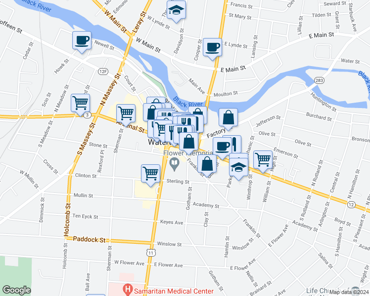 map of restaurants, bars, coffee shops, grocery stores, and more near 121 Franklin Street in Watertown