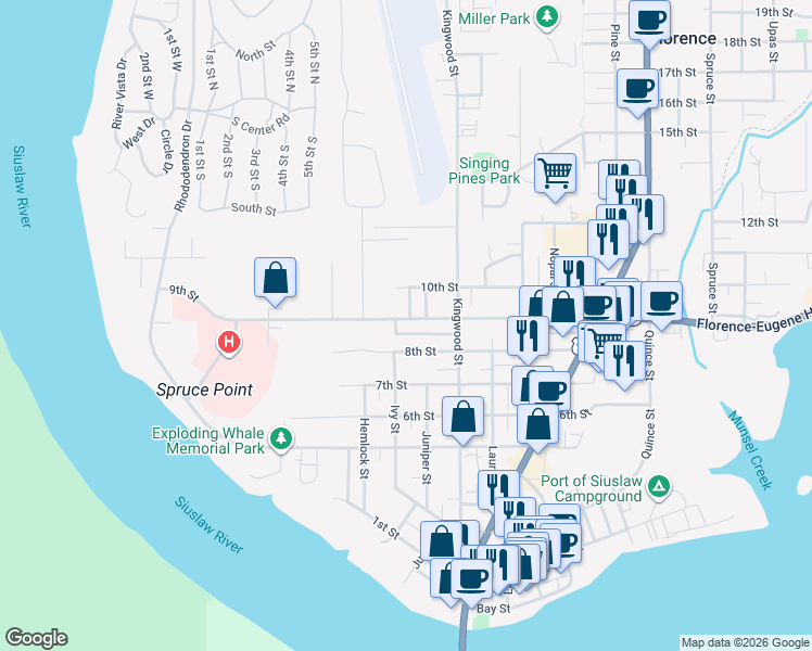 map of restaurants, bars, coffee shops, grocery stores, and more near 991 8th Street in Florence