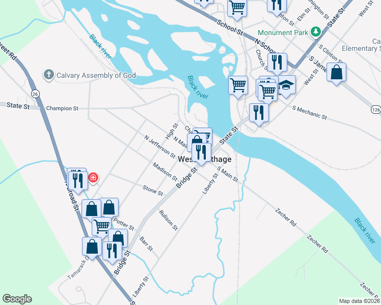 map of restaurants, bars, coffee shops, grocery stores, and more near 4 North Jefferson Street in Carthage