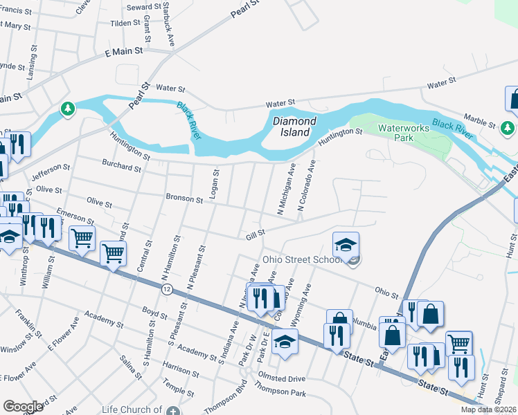 map of restaurants, bars, coffee shops, grocery stores, and more near 162 North Indiana Avenue in Watertown