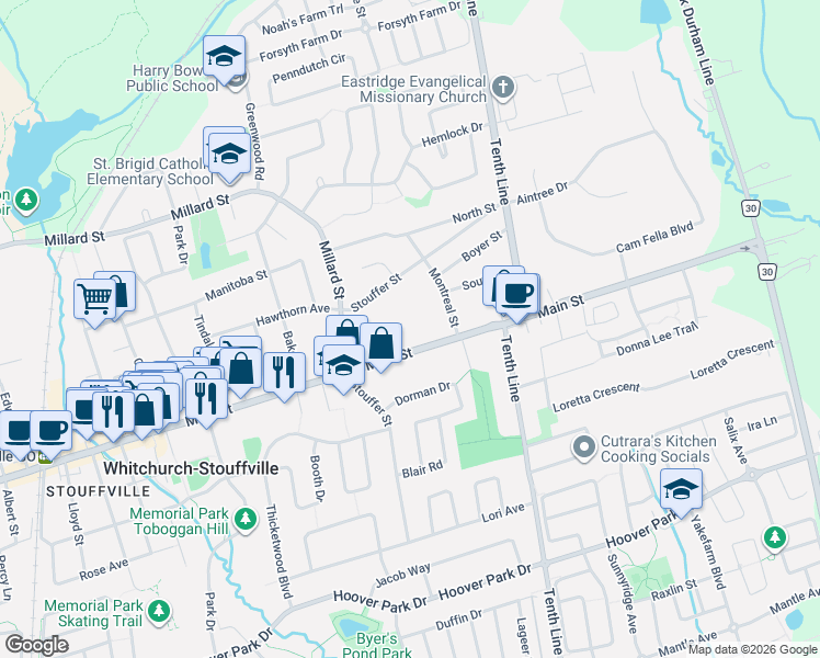 map of restaurants, bars, coffee shops, grocery stores, and more near 13 Spring Street in Whitchurch-Stouffville