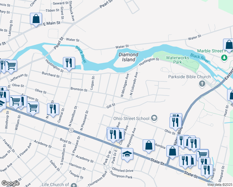 map of restaurants, bars, coffee shops, grocery stores, and more near 306 Indiana Avenue North in Watertown