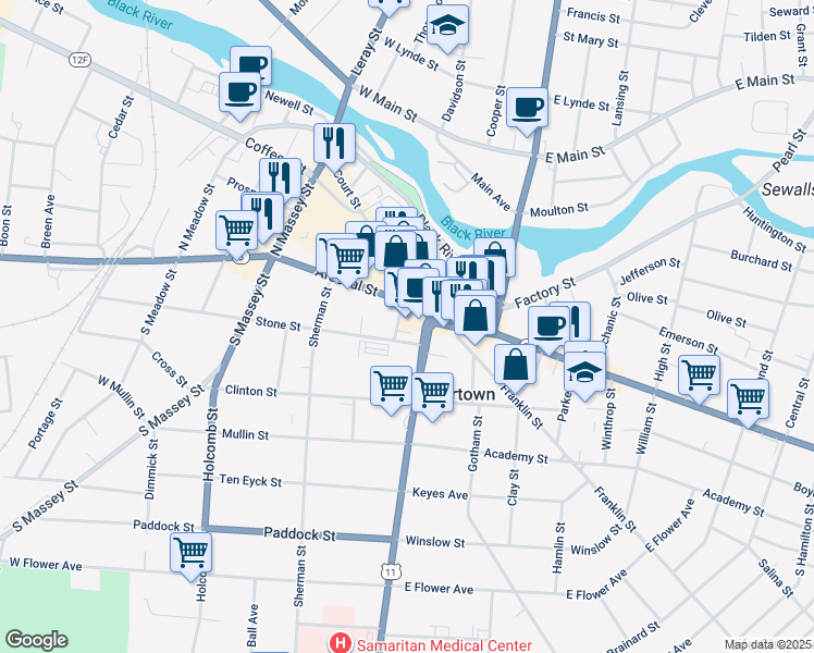 map of restaurants, bars, coffee shops, grocery stores, and more near 200 Washington Street in Watertown