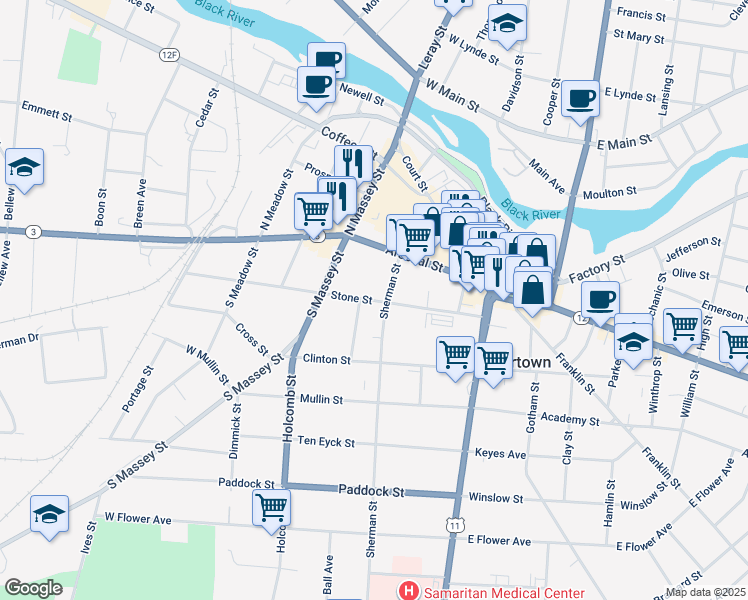 map of restaurants, bars, coffee shops, grocery stores, and more near 201-219 Sherman Street in Watertown